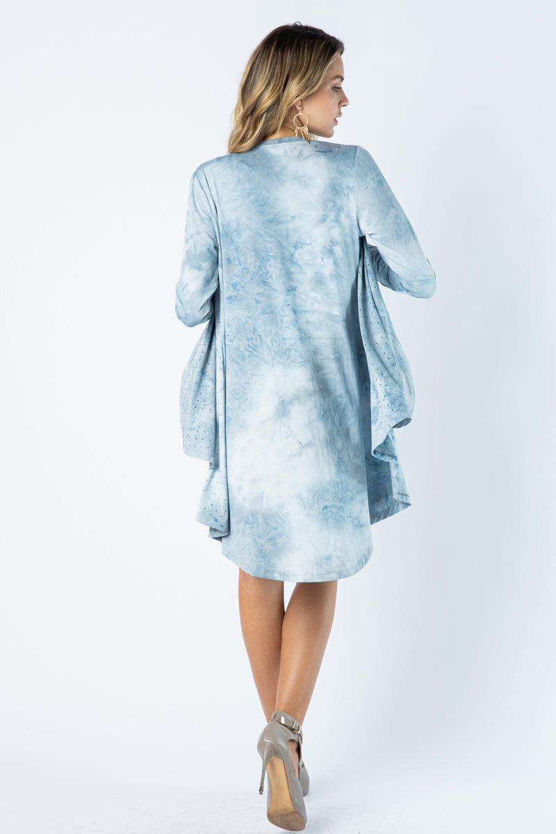 Vocal Women's Light Blue Tie Dye Crystal-Studded Cardigan - Versatile Open Front Design for Casual and Special Occasions
