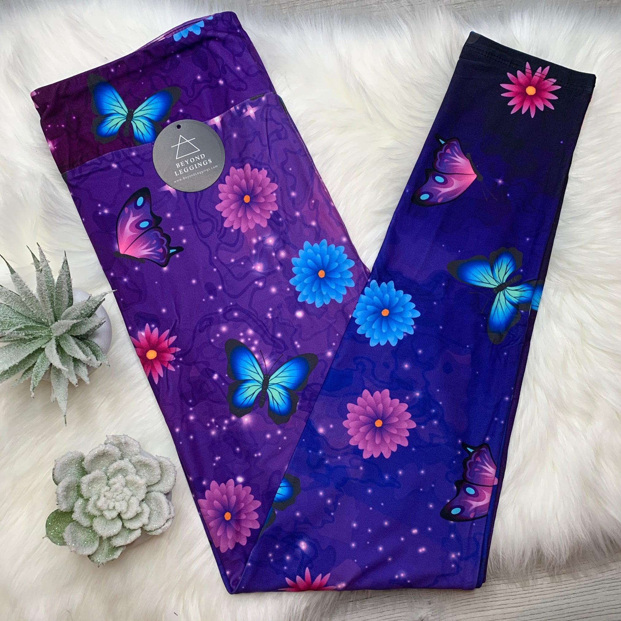Purple Marble Flower & Butterfly Fairy Dust Soft Leggings