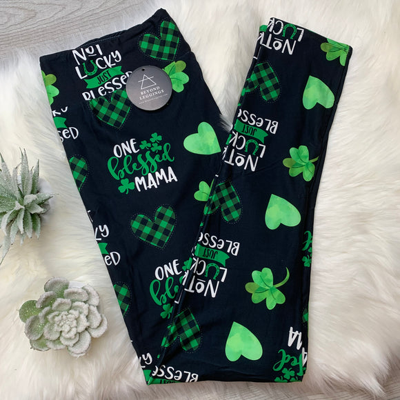 Blessed Mama Green Plaid Black Leggings: Not Lucky, Just Blessed