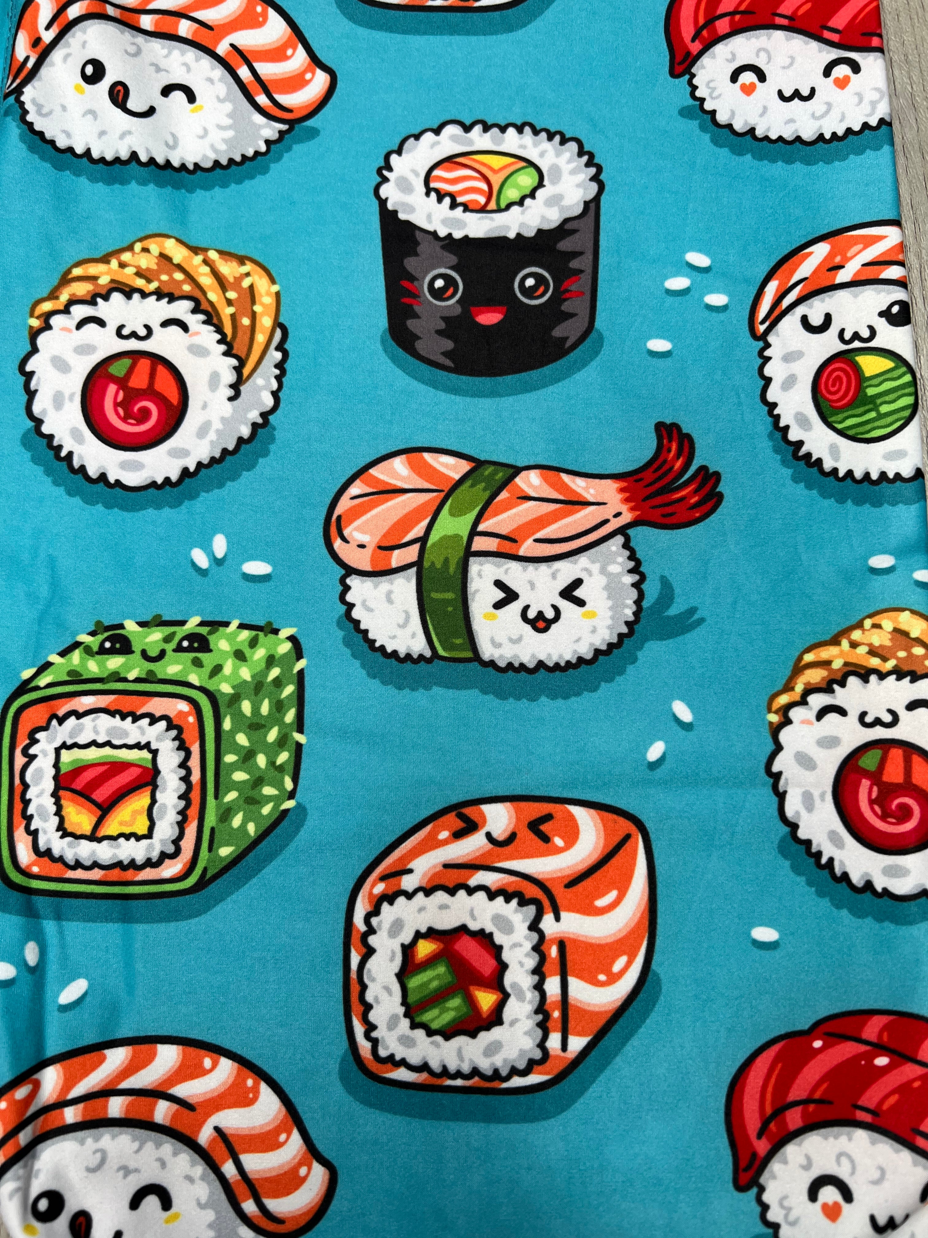 Kawaii Sushi Delight Blue Leggings with Yoga Band – Savory Style Meets Cute Comfort