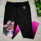 Sugar Skull Queen Print Ombre Magenta Pink Leggings