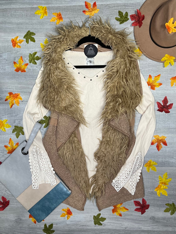 Faux Mongolian Fur Trimmed Sherpa Vest