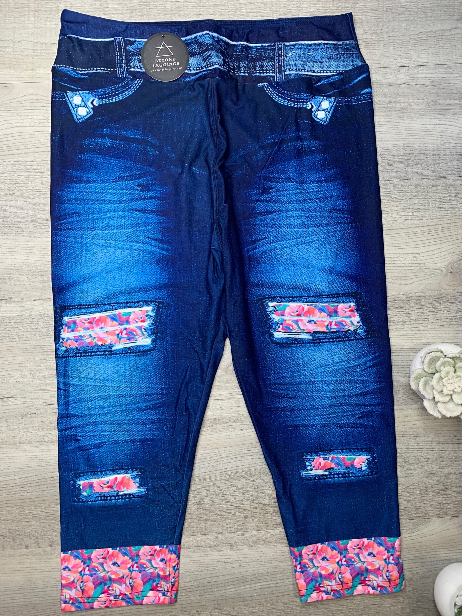 Summer Pink Floral Patch Denim Print Capri Soft Leggings