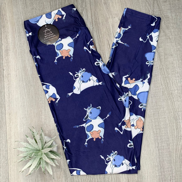 Whimsical Blue Cow Print Leggings
