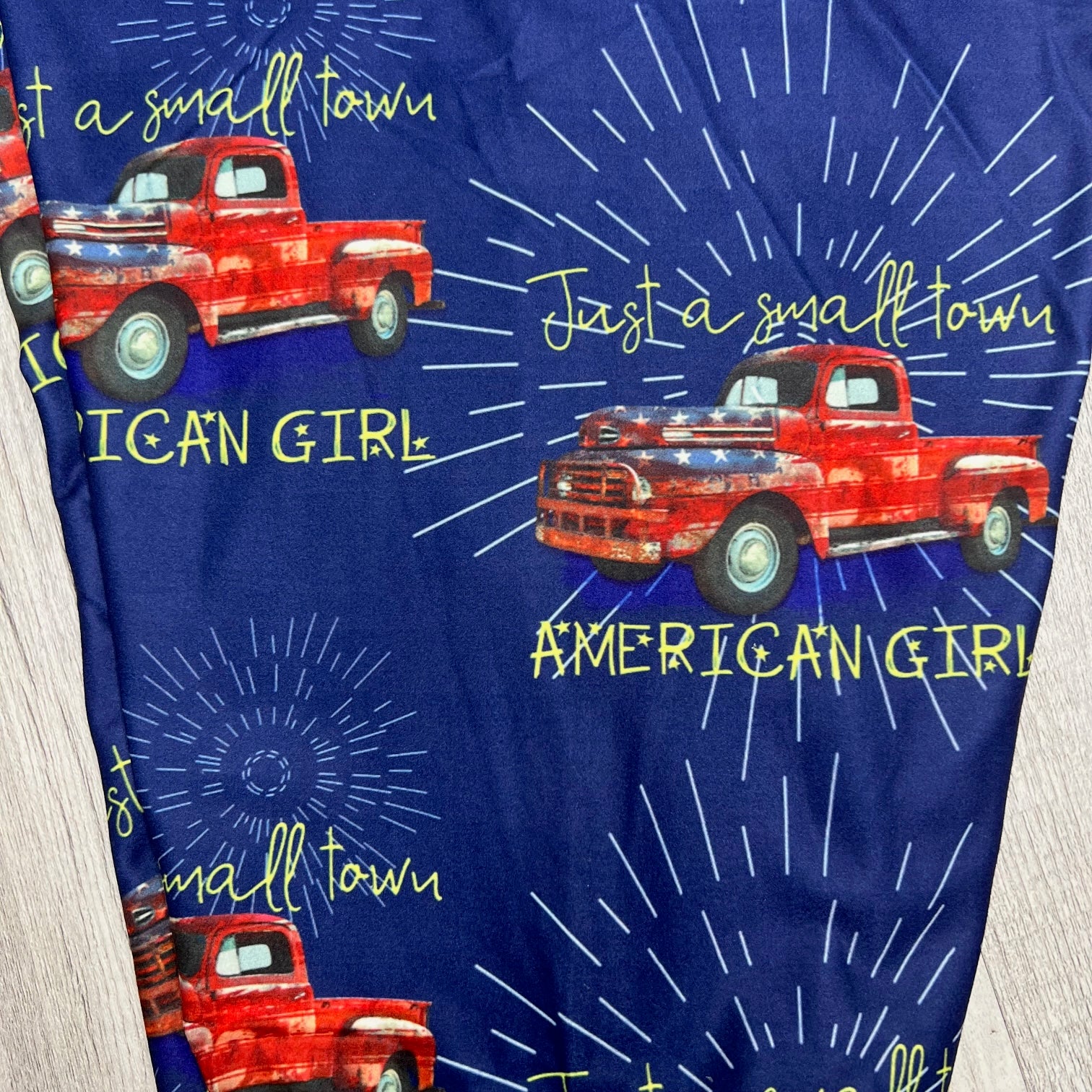 Small Town American Girl Red Truck Print Capri Soft Blue Leggings