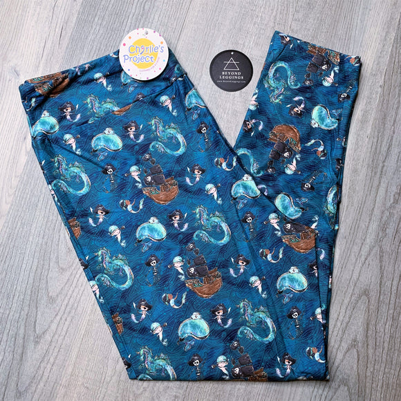 Cute Pirate Mermen Print with Ocean Waves Ship & Whale Soft Leggings
