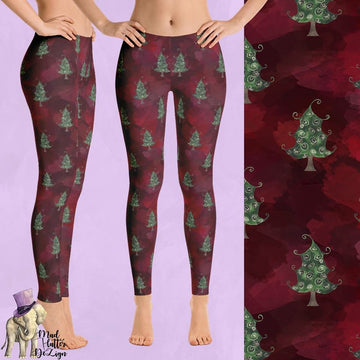 Classic Christmas Tree Print Burgundy Wine Leggings