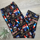 4th of July Fireworks Party Print Capri Soft Leggings w/ Pockets