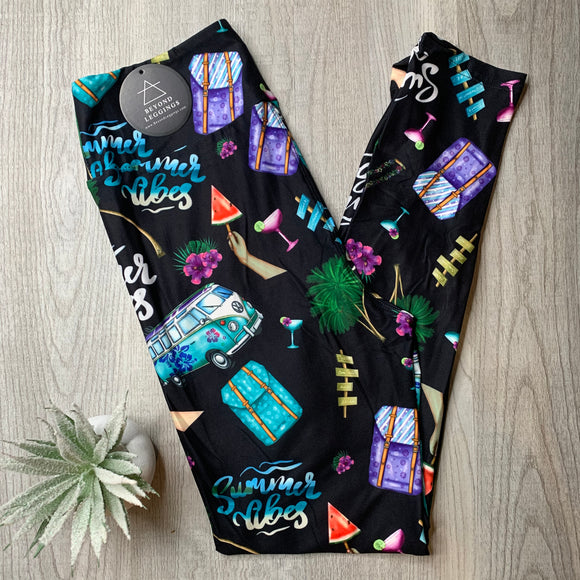 Summer Vibes Print Capri & Full Length Black Leggings - Tropical Print with Watermelon and Hibiscus, Ideal for Casual Wear