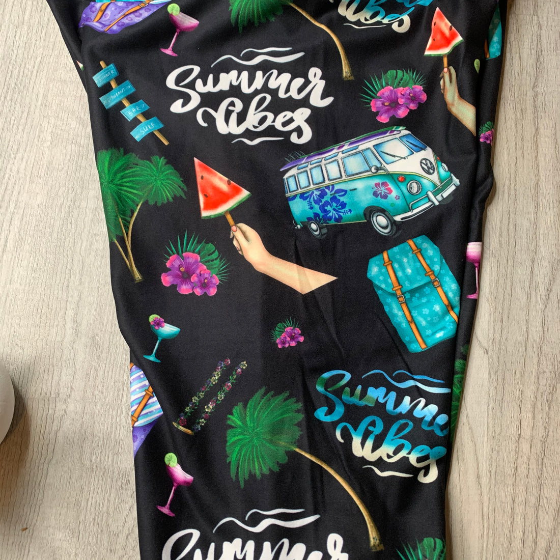 Summer Vibes Print Capri & Full Length Black Leggings - Tropical Print with Watermelon and Hibiscus, Ideal for Casual Wear