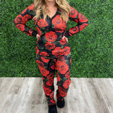 Passion Red Roses - Women's Cozy Lounge Set Pajamas with Pockets - Buttery Soft & Stretchy, Elastic Waistband, Functional Drawstring, True to Size