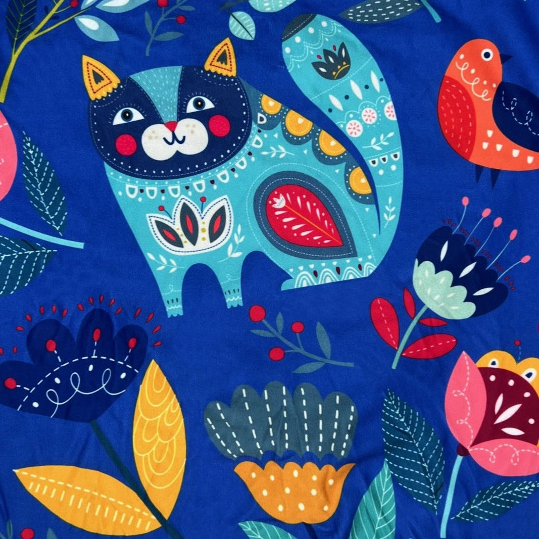 Storybook Whimsical Cat Bird Flower Print Soft Blue Leggings
