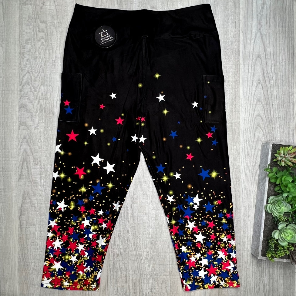 Falling Twinkle Star Print Capri Leggings w/ Pockets - Red White & Blue