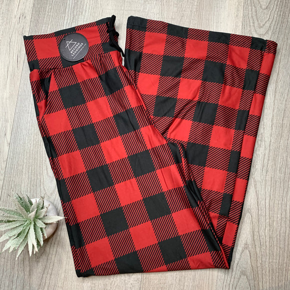 Red Buffalo Plaid - High Waisted Wide Leg Hybrid Leggings/Pants w/ Pockets