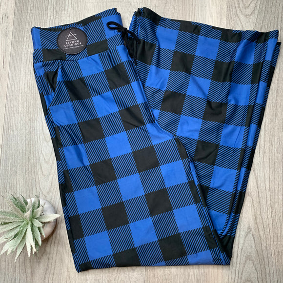 Blue Buffalo Plaid - High Waisted Wide Leg Hybrid Leggings/Pants w/ Pockets