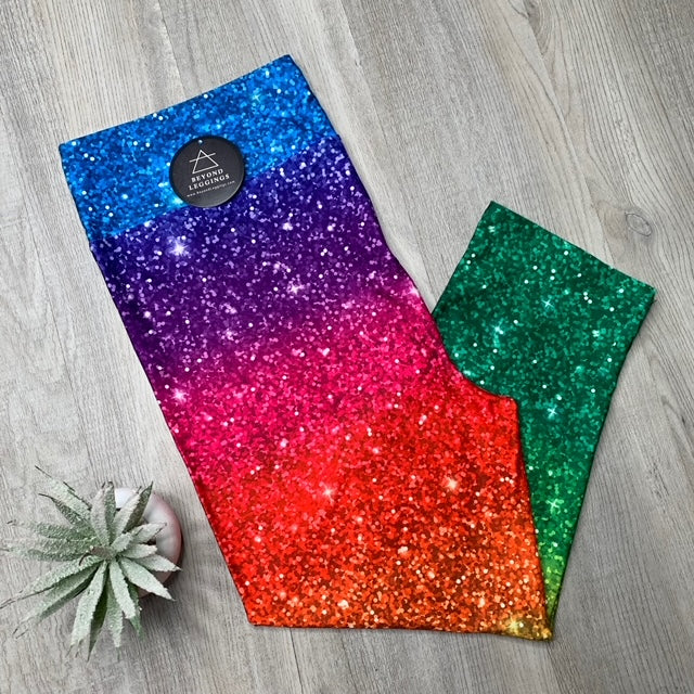 Rainbow Sparkle Glitter Printed Design Capri Leggings