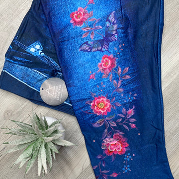 "Embroidered" Floral Denim Print Capri Leggings w/ Back Pockets