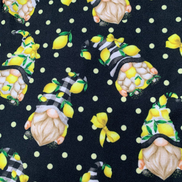 Yellow Lemon Gnomes Print Polkadot Black Leggings w/ Double Pockets