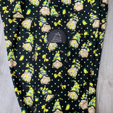 Yellow Lemon Gnomes Print Polkadot Black Leggings w/ Double Pockets