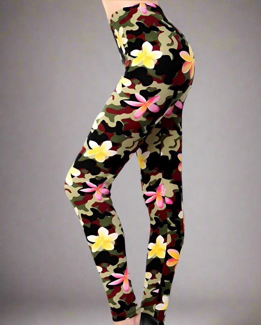 Plumeria Flower Camo Print Leggings