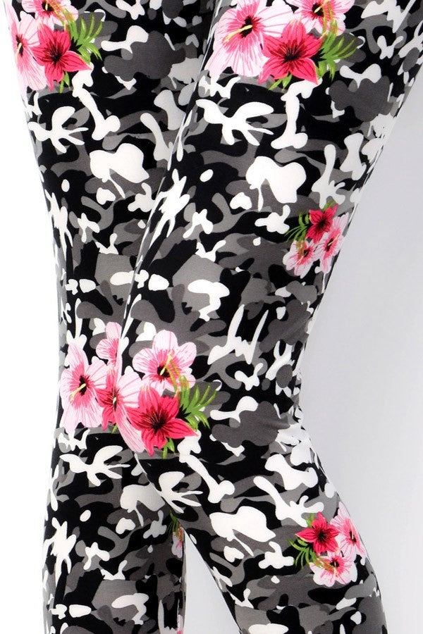 White Camo Hibiscus Print Leggings