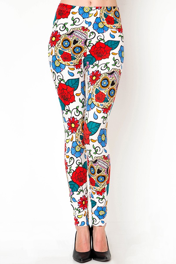 Calavera Rose Sugar Skulls Print Soft Leggings -  Day of the Dead / Halloween