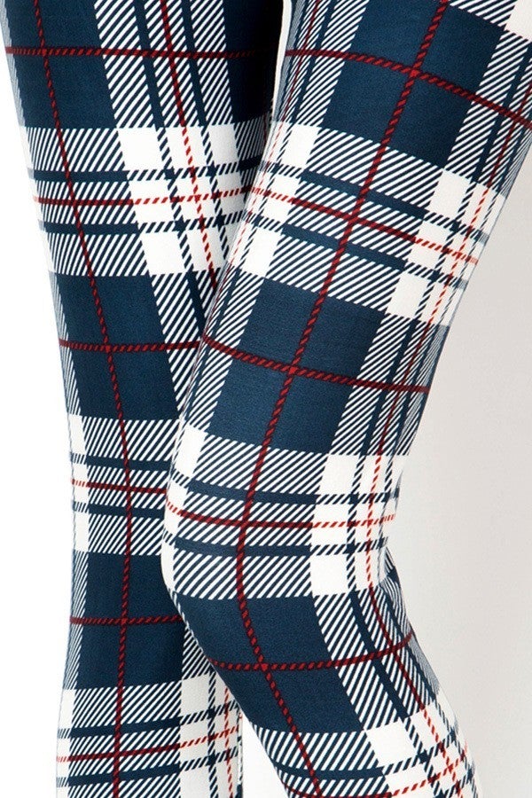 Navy Blue & White Plaid Print Soft Leggings