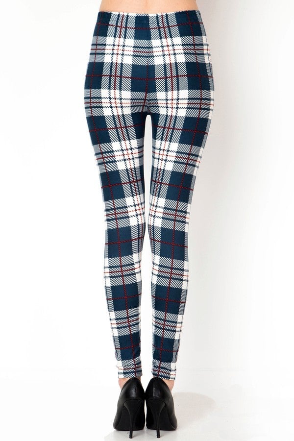 Navy Blue & White Plaid Print Soft Leggings