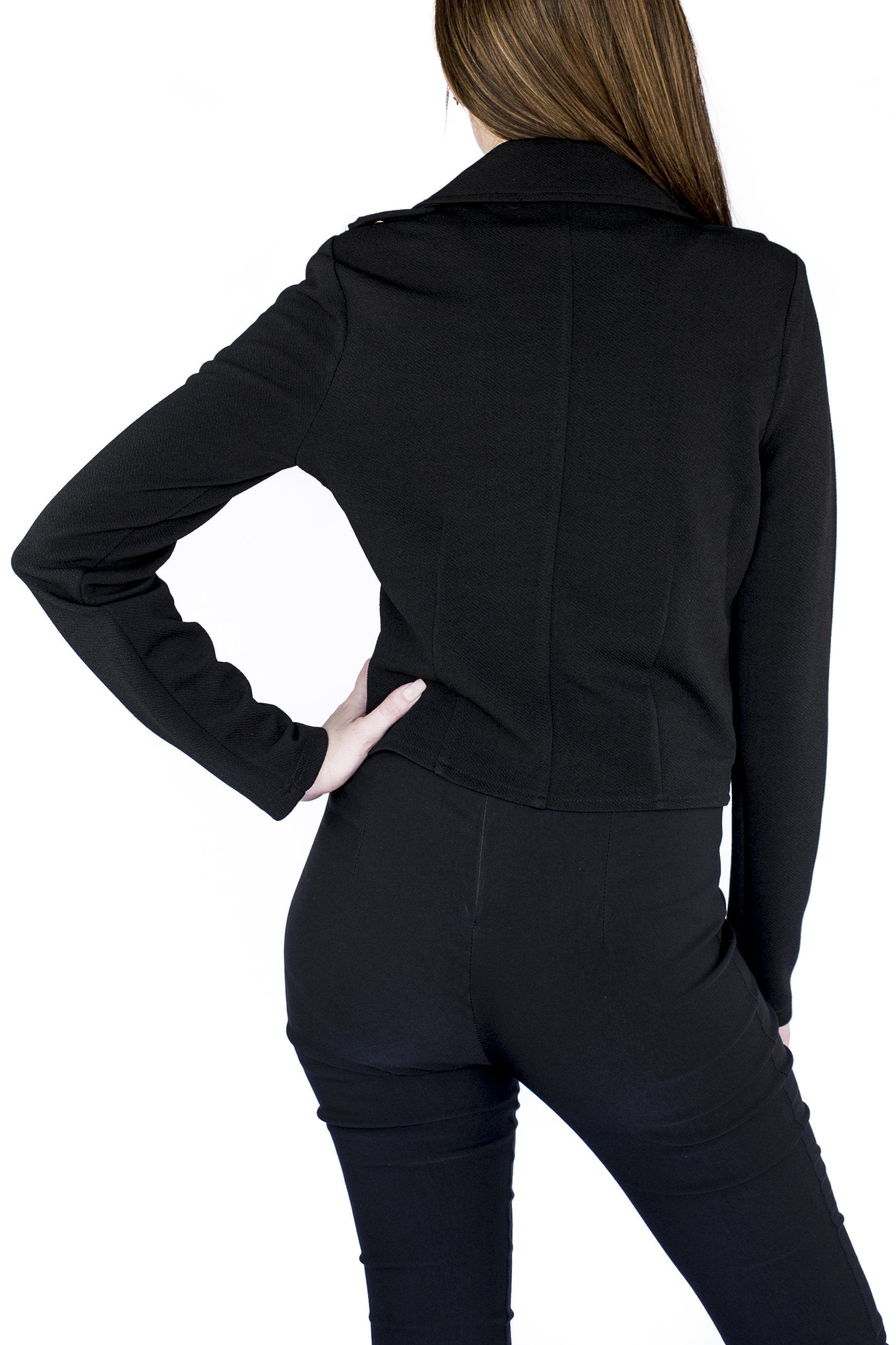Black Cropped Moto Jacket with Gold Zippers