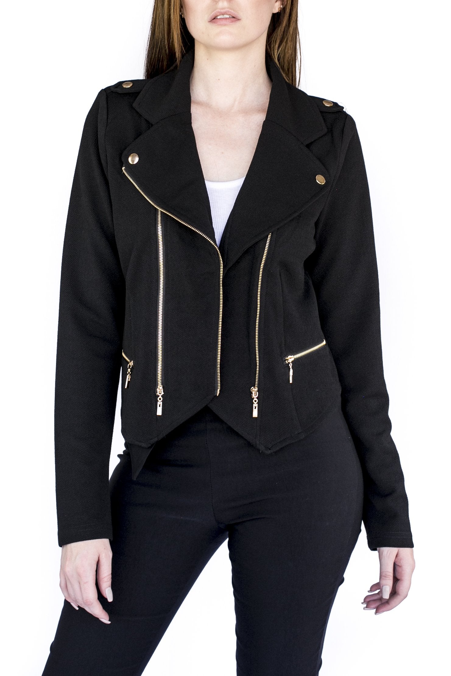 Black Cropped Moto Jacket with Gold Zippers