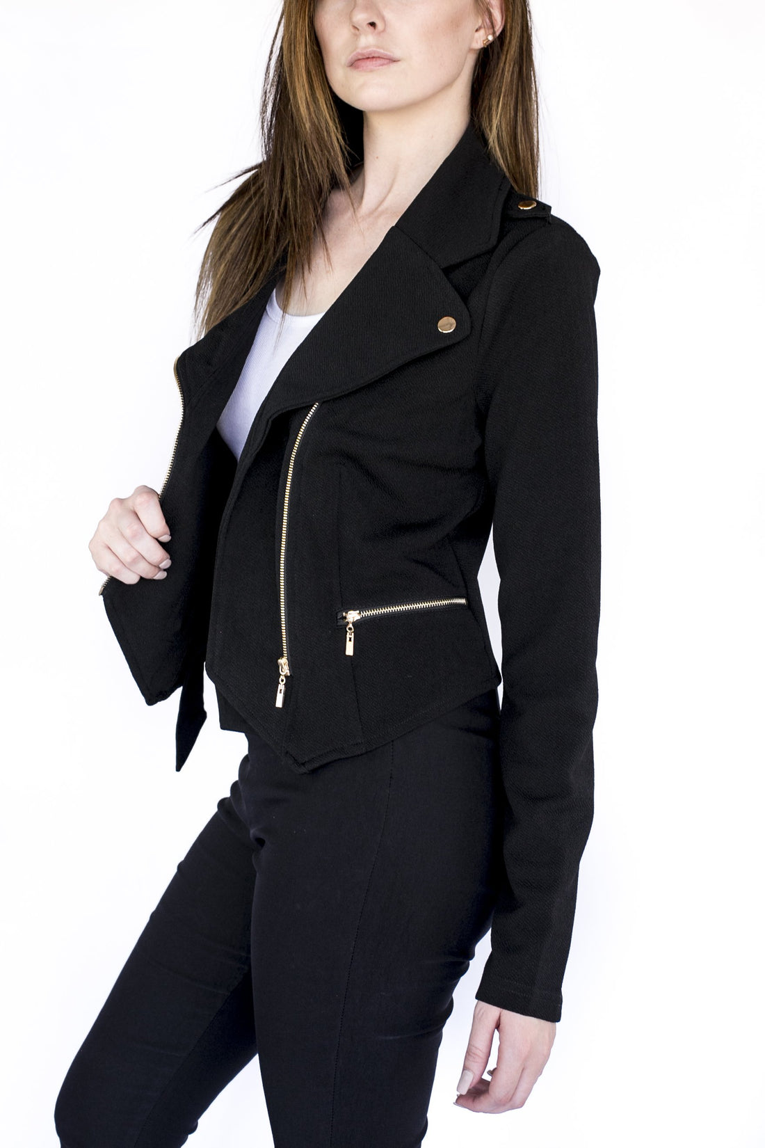 Black Cropped Moto Jacket with Gold Zippers