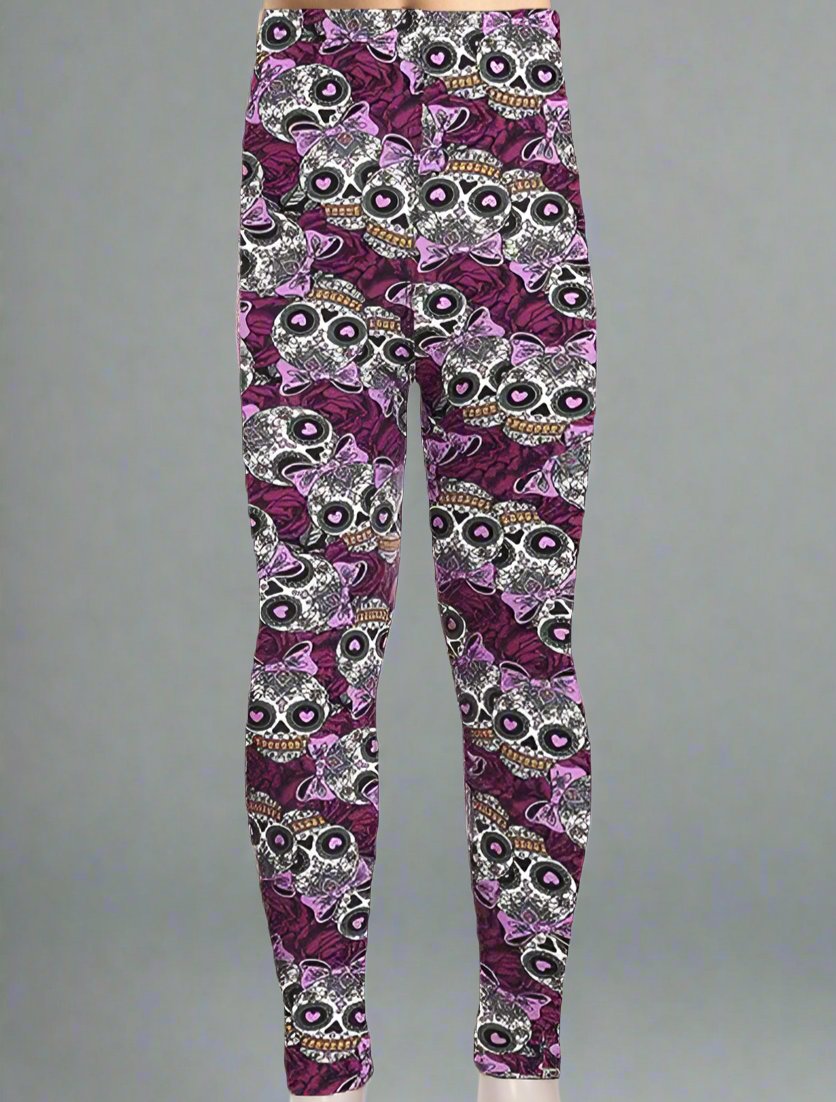 Purple Sugar Skull with Bows Print Soft Leggings - Adult & Kid Sizes