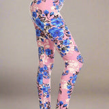 Dusty Rose Bright Blue Floral Print Soft Leggings