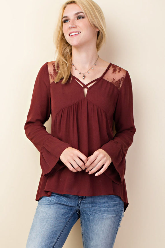 Lace Insert Criss Cross Baby Doll Top