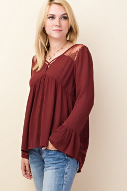 Lace Insert Criss Cross Baby Doll Top