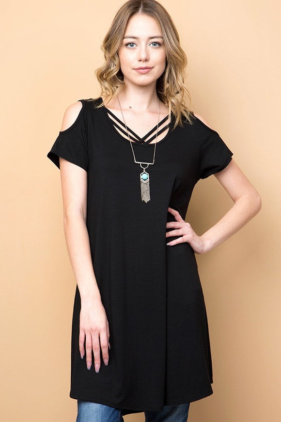 Cold Shoulder Lattice Neckline Tunic - Black