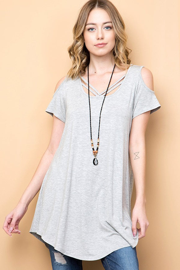 Cold Shoulder Lattice Neckline Tunic - Grey