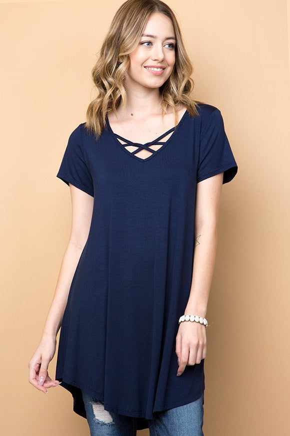 Lattice V-Neck Tunic - Navy