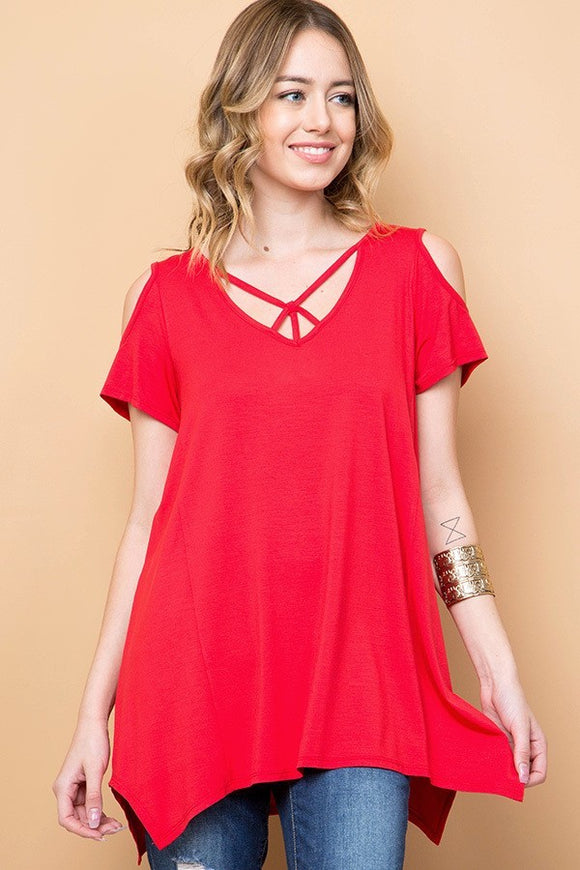 Cold Shoulder Lattice V-Neck Sharkbite Tunic - Red