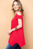Cold Shoulder Lattice V-Neck Sharkbite Tunic - Red