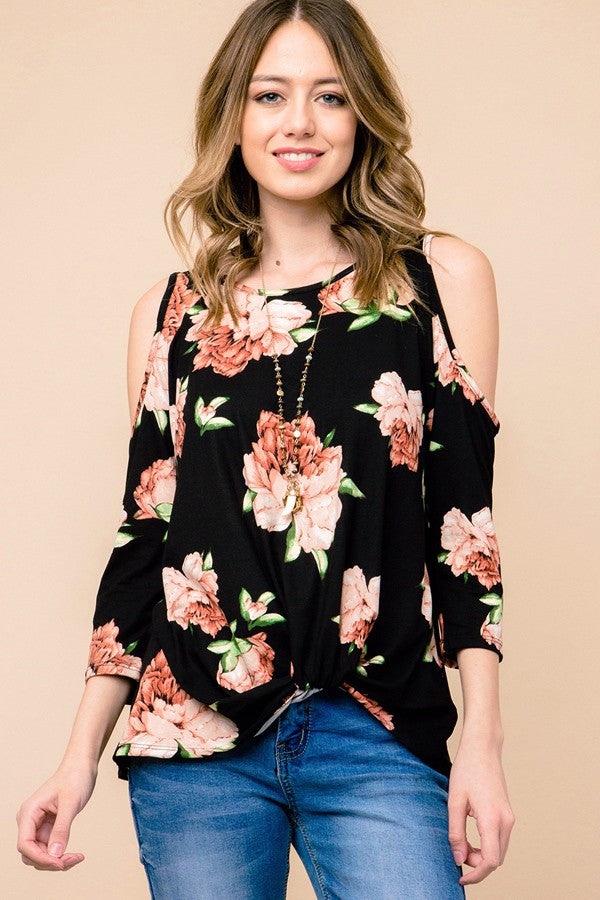 3/4 Sleeve Cold Shoulder Floral Knotted Hem Top - Black/Peach