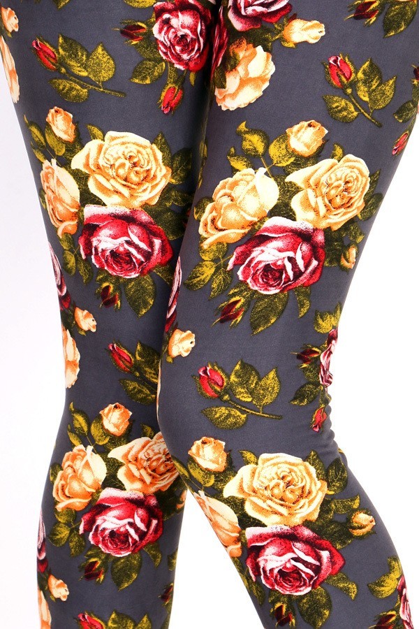 Red & Yellow Rose Print Gray Leggings