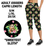 Adorable Sloth w/ Pink Hibiscus Flower Print Capri Black Joggers W/ Pockets