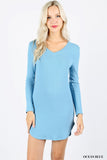 Ribbed Knit V-neck Curved Hem Bodycon Long Sleeve Dress