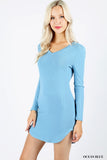 Ribbed Knit V-neck Curved Hem Bodycon Long Sleeve Dress