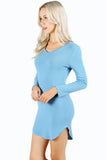 Ribbed Knit V-neck Curved Hem Bodycon Long Sleeve Dress