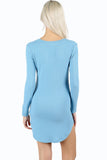 Ribbed Knit V-neck Curved Hem Bodycon Long Sleeve Dress
