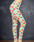 Red & Green Apple Print Soft Teal Leggings