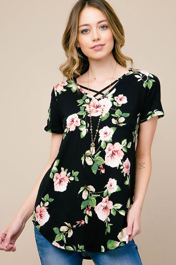 Floral Criss Cross Top - Black With Roses