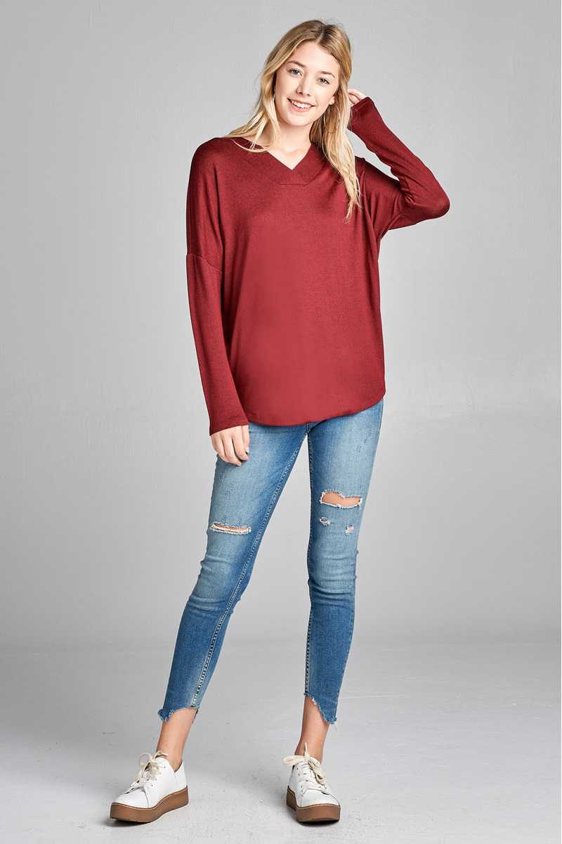 V-Neck Long Sleeve Heathered Top